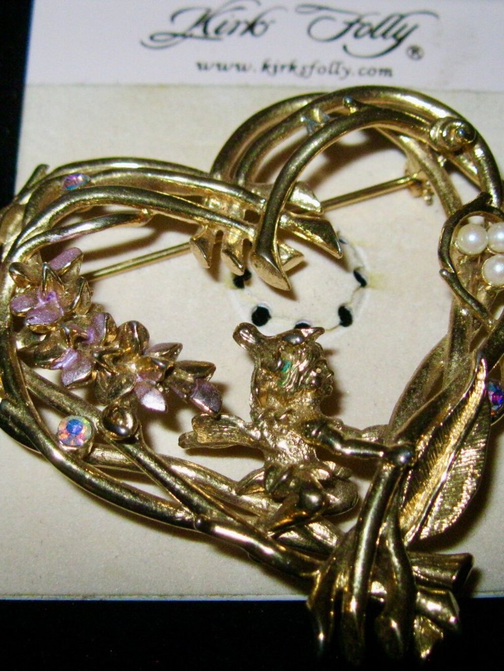 KIRKS FOLLY WISTERIA BROOCH W/FAIRY AND 3 BIRD EGGS FROM 1980'S